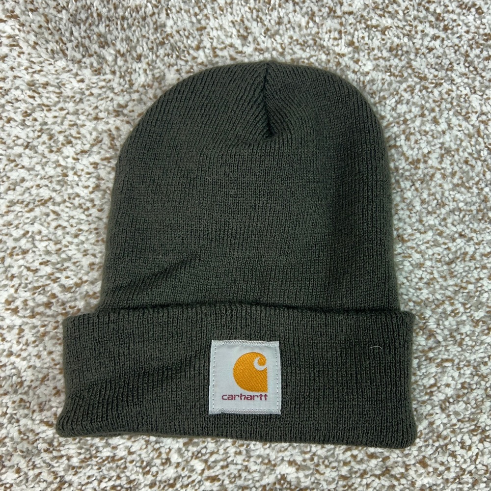 Carhartt Hat Mens One Size Dark Green Winter Warm Knit Cuffed Workwear Cap Logo